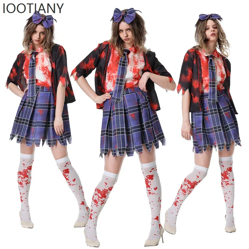

Cosplay2025 New Women's Halloween Vampire Costume Shirt Tie Short Pleated Skirt Carnival Party Zombie Stage Role Playing Costume