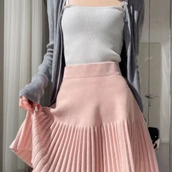 2025 Spring Autumn  New High-waisted A-line Skirt Women Knitted Pleated Shirts Lady Solid Color Preppy Style Mini Skirts