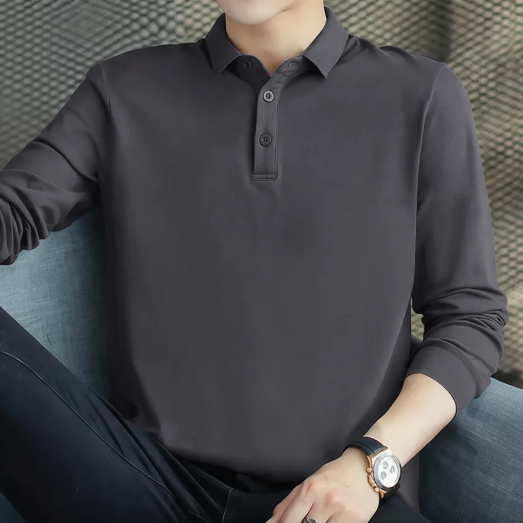 Long Sleeve Mens Polo Shirt Lapel Slim Fit Casual Solid Color T Shirt Basic Layering Undershirt Streetwear Style