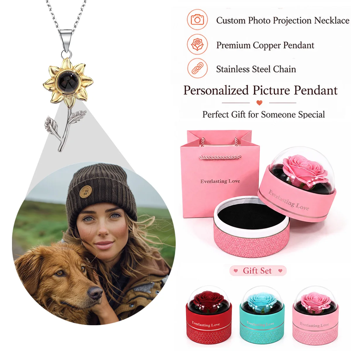 Custom Photo Projection Sunflower Necklace Rose Gift Box Stainless Steel Chain Anniversary Valentine's Birthday For Women Mom
