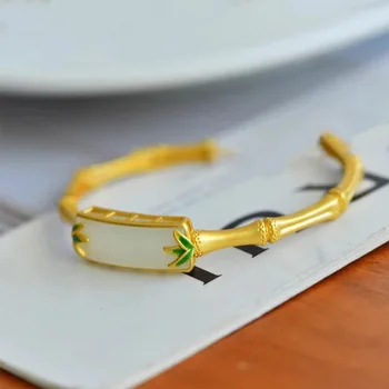 9999 24K real gold jade bamboo leaf festival bracelet female Hetian China-Chic ancient bamboo leaf opening bracelet