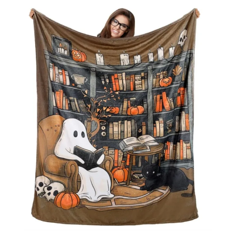 Ghost Reader Halloween Blanket Book Lover Gift Cover Blanket Skull Reading Books Lady Bookworm Nerd Book Basket