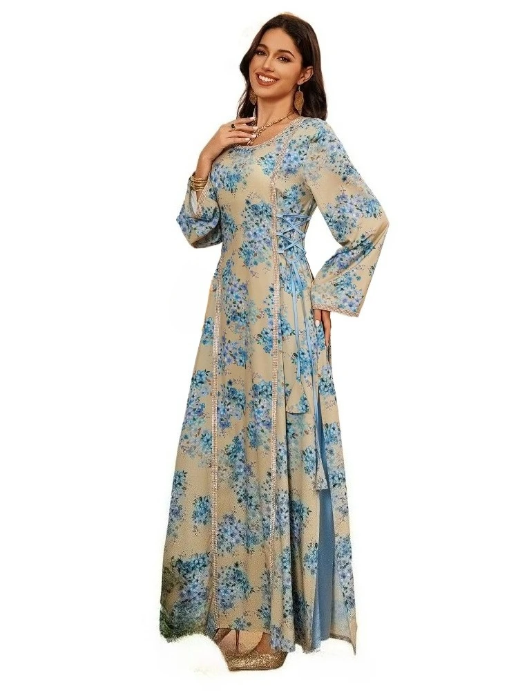 

Eid Muslin Party Dress for Women Abaya Sequins Long Dress Flower V Neck India Caftan Abayas Elegant Maxi Vestidos Largo 2025