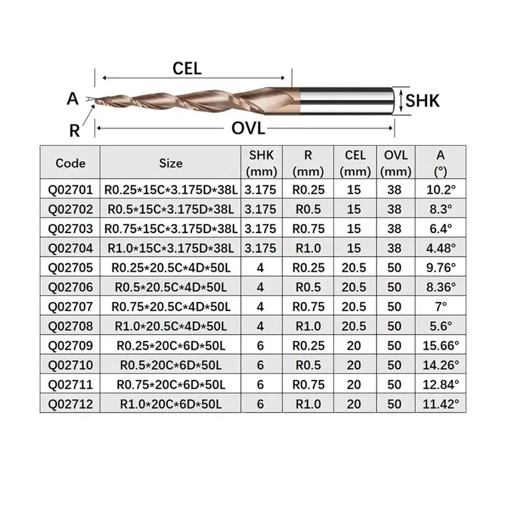 Solid Carbide Tapered Ball Nose End Mill Tapered Ball Nose Spiral Engraving Router Bits CNC Carving Bit Woodworking