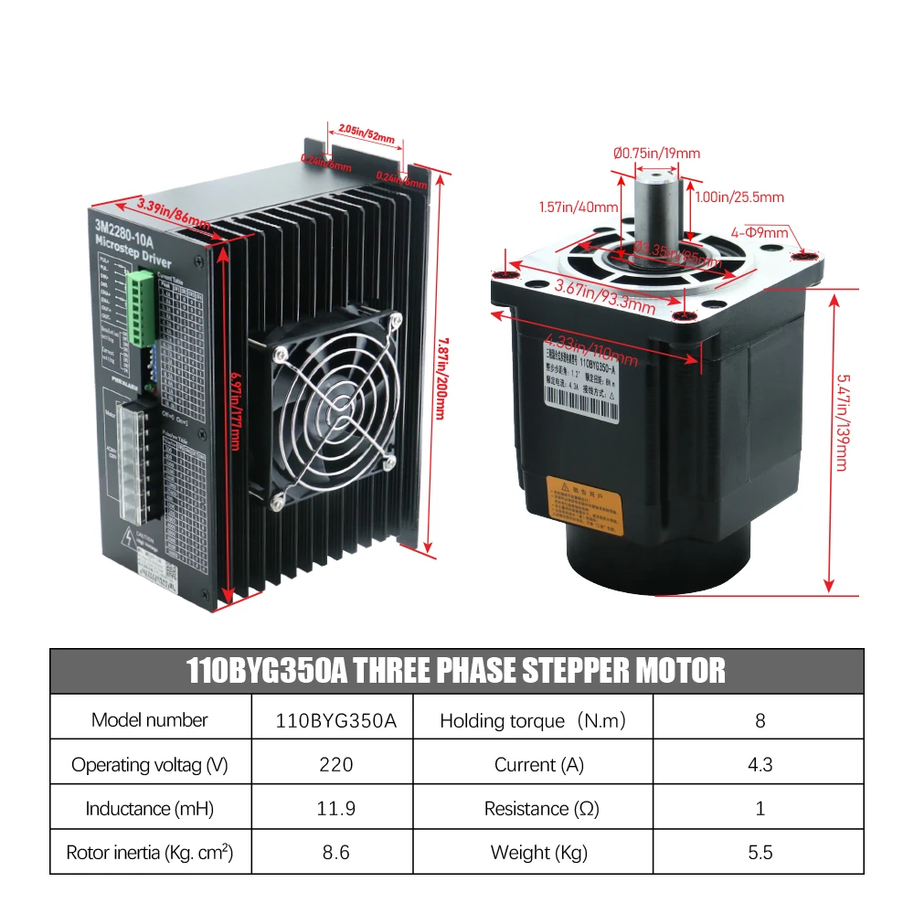 NEMA 42 3Phase AC Stepper Motor Kit 110mm 8N.m 110BYG350A 3M2280-10A Driver 220V Hybrid 4.3A CNC Router Table Engraving Machine