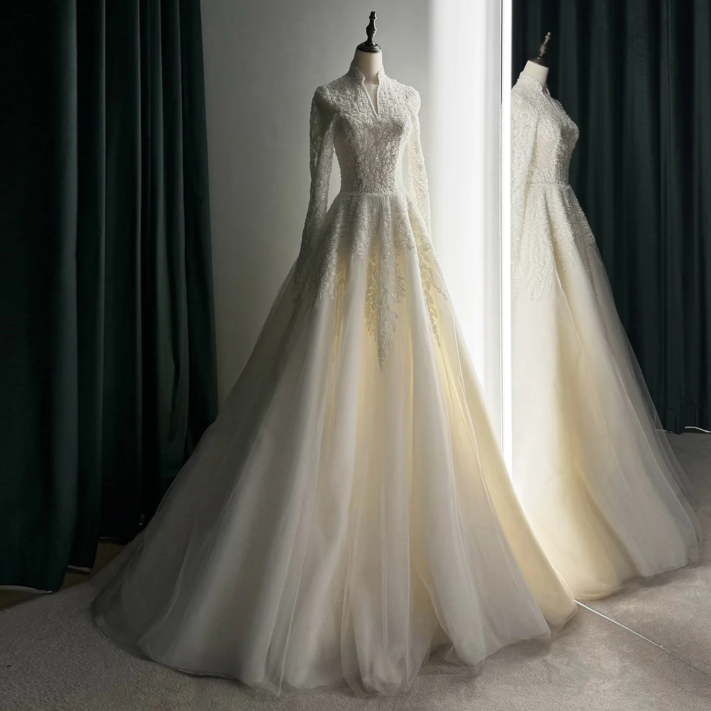 Sharon Said Elegant Luxury Dubai Beading Pearls Long Sleeves V-Neck  Wedding Dress Princess Arabic Bride Dress SW518 Customized