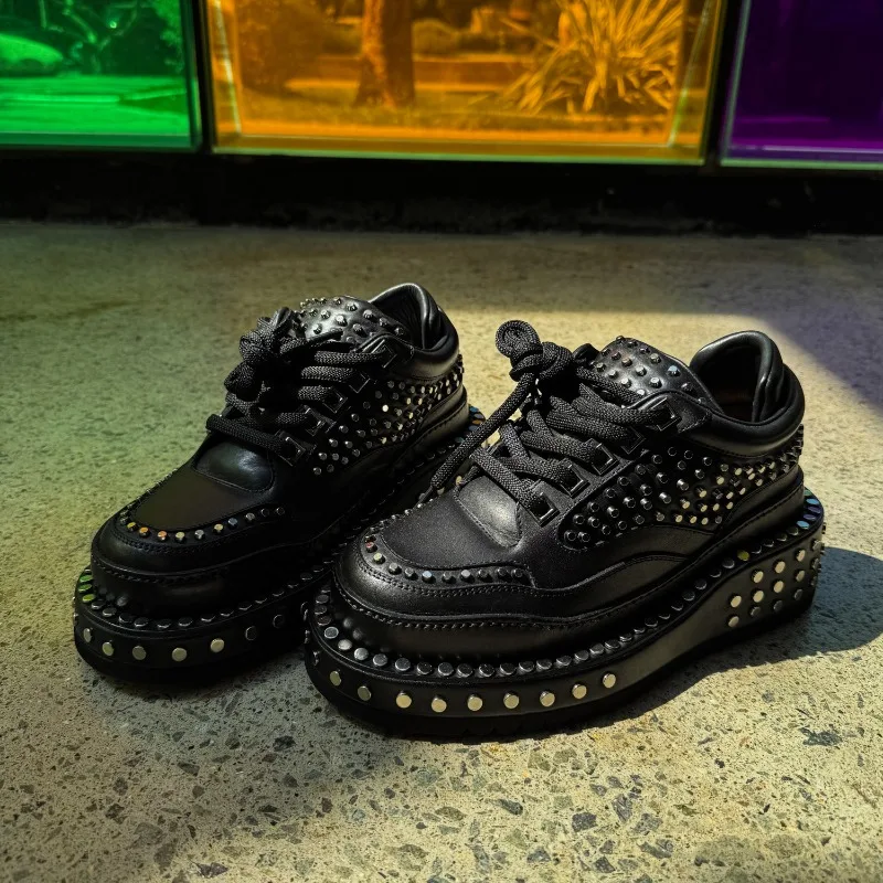Edgy Punk Spiked Platform Skate Shoes Full‑Body Stud Ornament Design Lace‑Up Genuine Leather Statement Streetwear Sneakerss