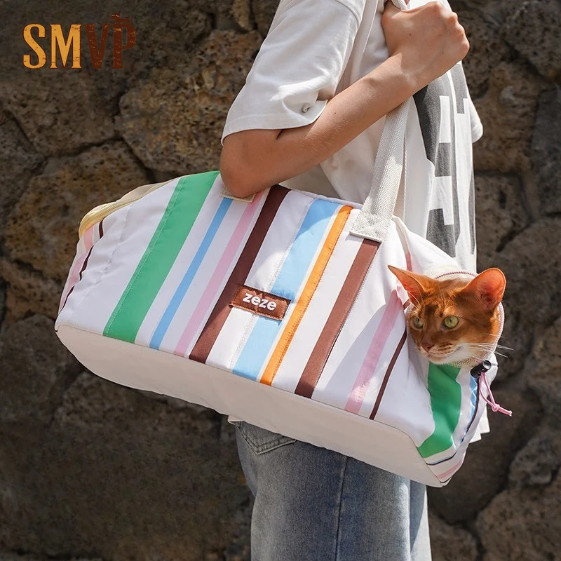 

Colorful Striped Pet Tote Bag Breathable Portable Cat Carrier Lightweight Hands Free Travel Shoulder Bag For Cats And Dogs