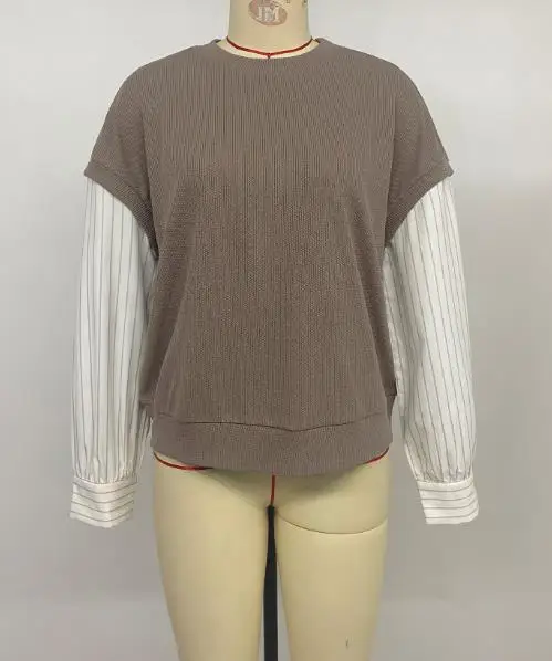

Women's Hoodie 2025 New Autumn Versatile Casual Commuting Long Sleeved Striped Fake Two-Piece Knitted Round Neck Sweatshirt