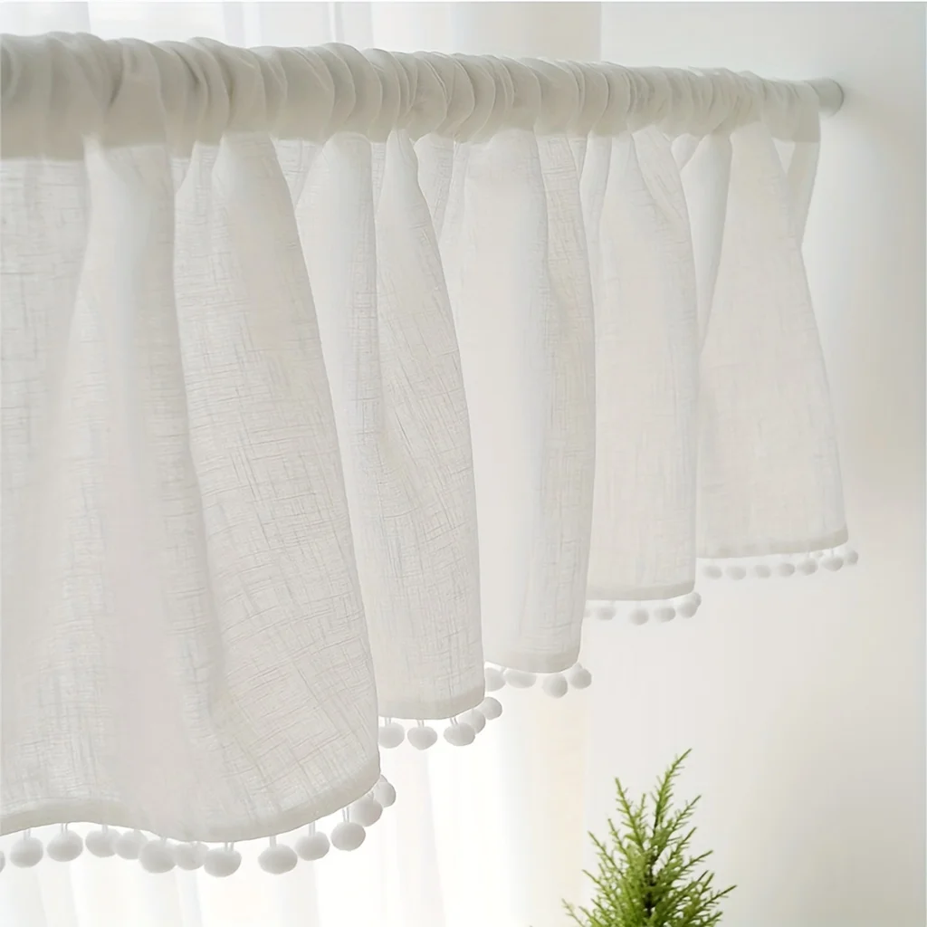 1Pc Cross Gauze Ball Short Curtain, Bohemian Pastoral Style Plain Rod Half Curtain, Restaurant Kitchen Semi-Blackout Cross Pattern Gauze Curtain Partition Decorative Coffee Curtain