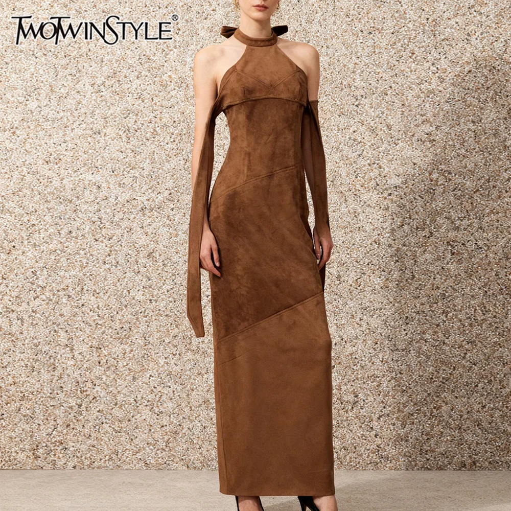 

TWOTWINSTYLE Slimming Spliced Lace Up Vintage Long Dresses for Women Halter Sleeveless High Waist Elegant Dress Female Clothing