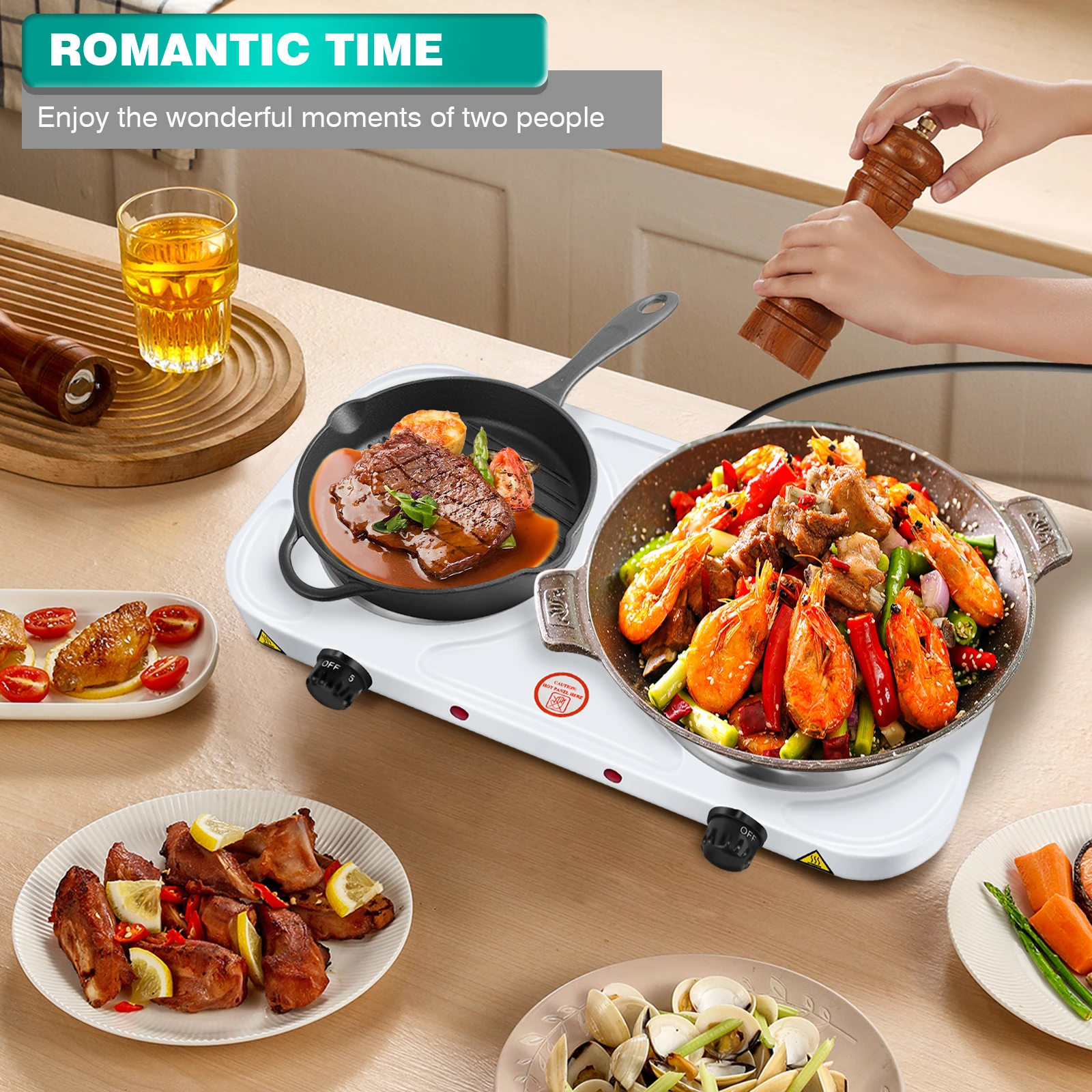 موقد كهربائي سلكي 1500 وات، لوح تسخين مزدوج، موقد كهربائي بحلقتين مع إعدادات حرارة متغيرة، طباخ كهربائي على سطح الطاولة، مخيم
