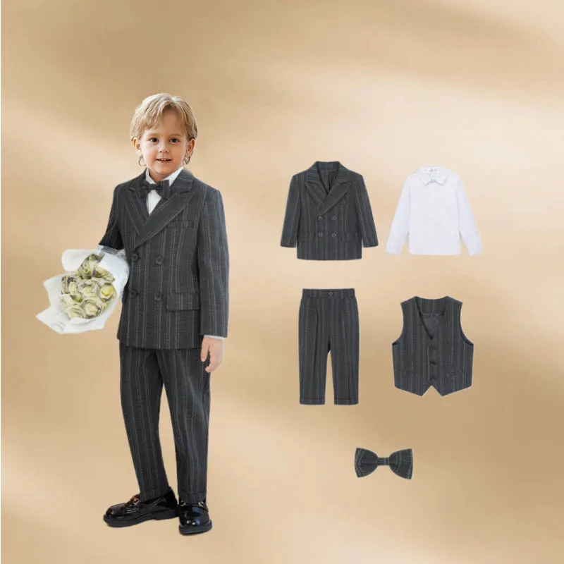 

Boy Slim Fit Formal Suits Kids Tuxedo 5 Piece Suit Set with Jacket Vest Shirt Pants Bowtie Boys Wedding Outfit Kids Suit Set