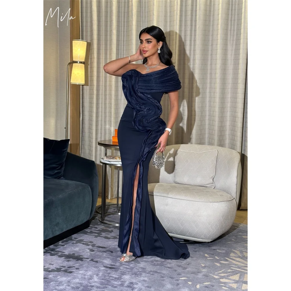 

Mila Blue One Shoulder Prom Dress Side High Split Customized Luxurious Women Evening Dresses Sexy Mermaid vestidos de fiesta