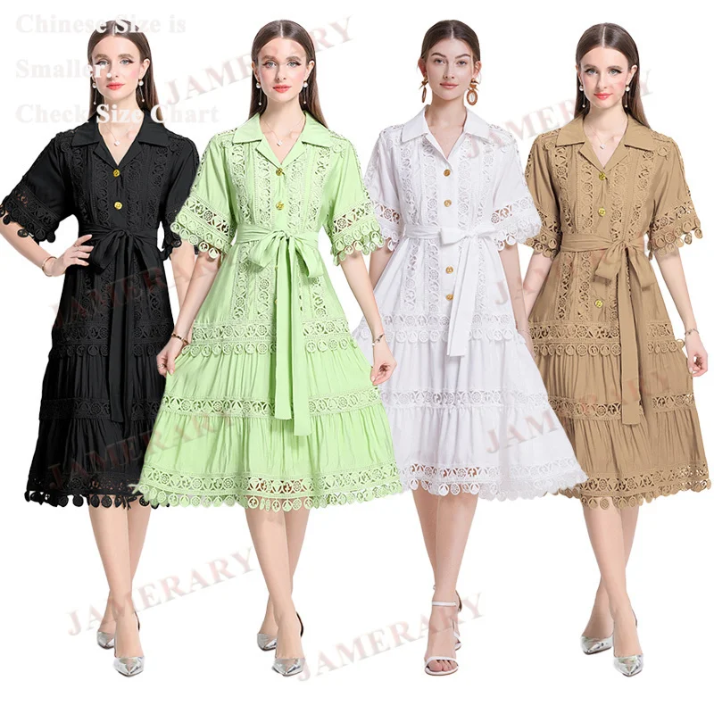 Elegant Summer Embroidery Long Dress Shirt Women Hollow Out Short Sleeve Loose Size A Line Midi Dresses Party Evening Vestidos