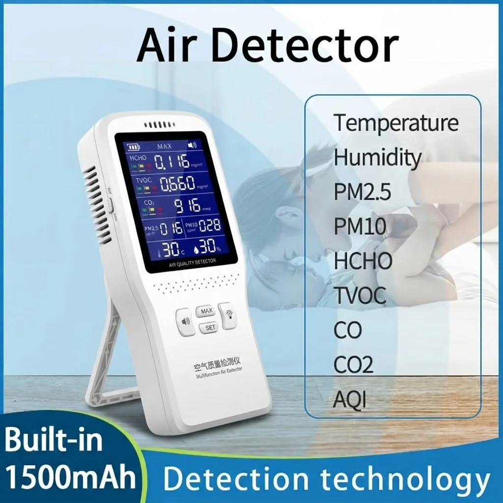 9 In 1 Air Quality Detector PM2.5 PM10 HCHO TVOC CO CO2 AQI Temperature Humidity Multifunctional LCD Digital Air Quality Monitor