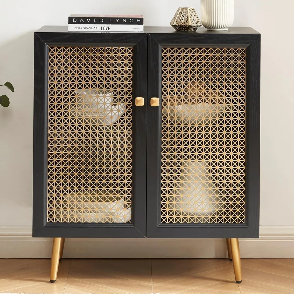 

Black Storage Sideboard Buffet with 2-Metal Mesh Doors, Multifunctional Accent Cabinet Console Cabinet for Living Room, Dining R