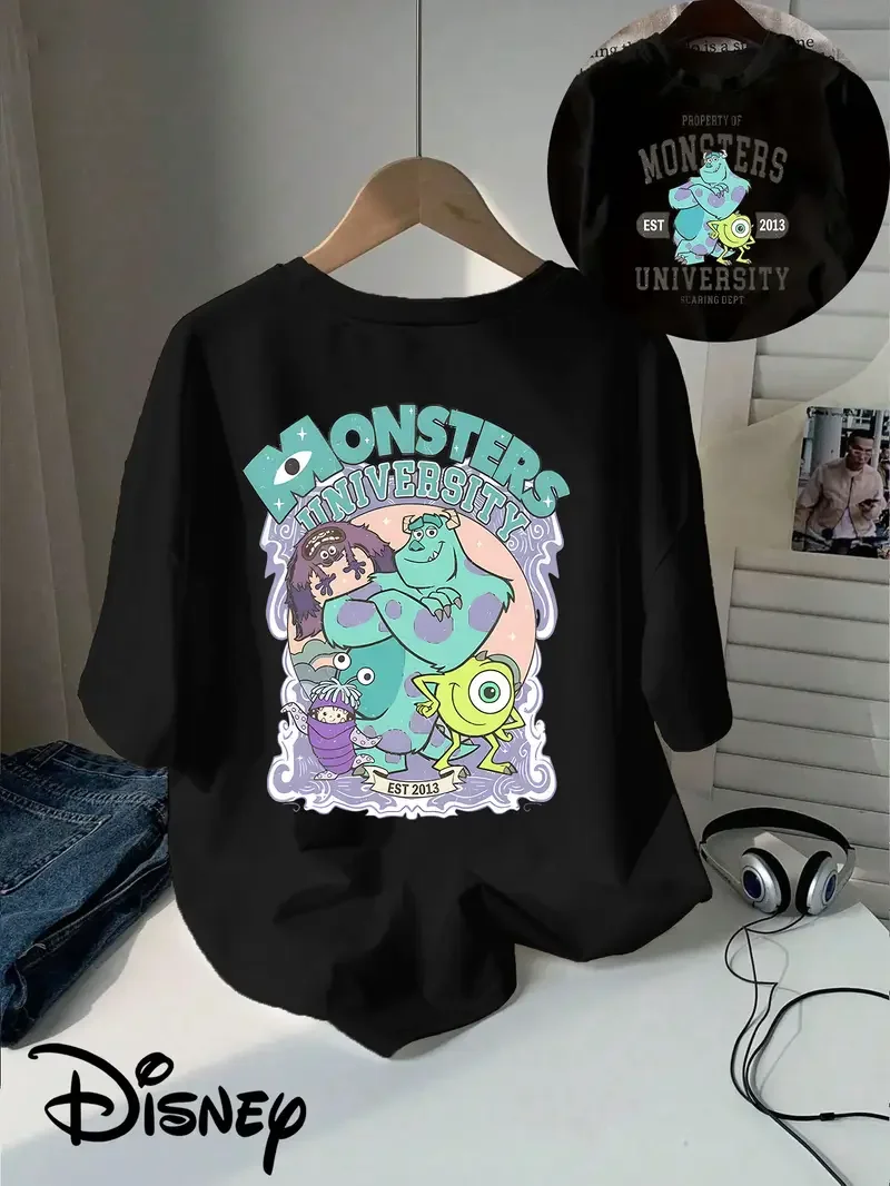 

Двусторонняя футболка Университета монстров, мужская повседневная хлопковая женская футболка для пар, отпускная одежда с героями мультфильмов для родителей и детей
