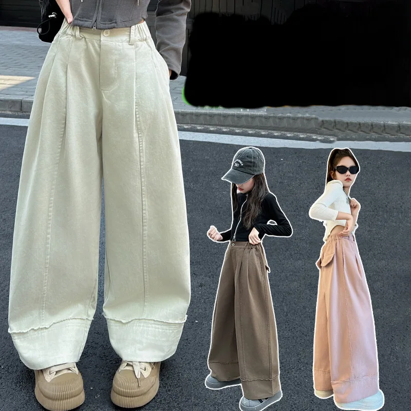 

Children Trendy Pants For Girl Gothic Retro Trousers American Style Kids High Street Straight Sweatpants with Rolled Hem Design