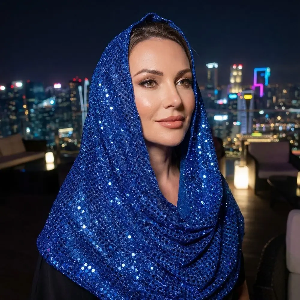 Fashion Breathable Sequin Hooded Headscarf Solid Color Lightweight Glitter Turbante Polyester Scarf Soft Sequin Head Wraps Daily