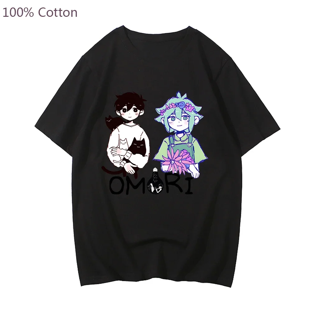 Omori Game Sunny and Basil Tshirt Summer Short Sleeve Fashion Print T-shirts Cartoon Graphic Mens T Shirt 100% Cotton Streetwear