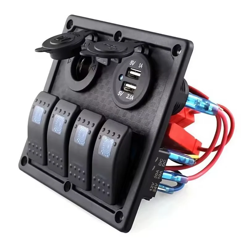 New Arrivals 4-Gang Rocker Switch Panel With 15W Dual USB Port+12V Cigarette Lighter Socket With Waterproof Rubber Cap