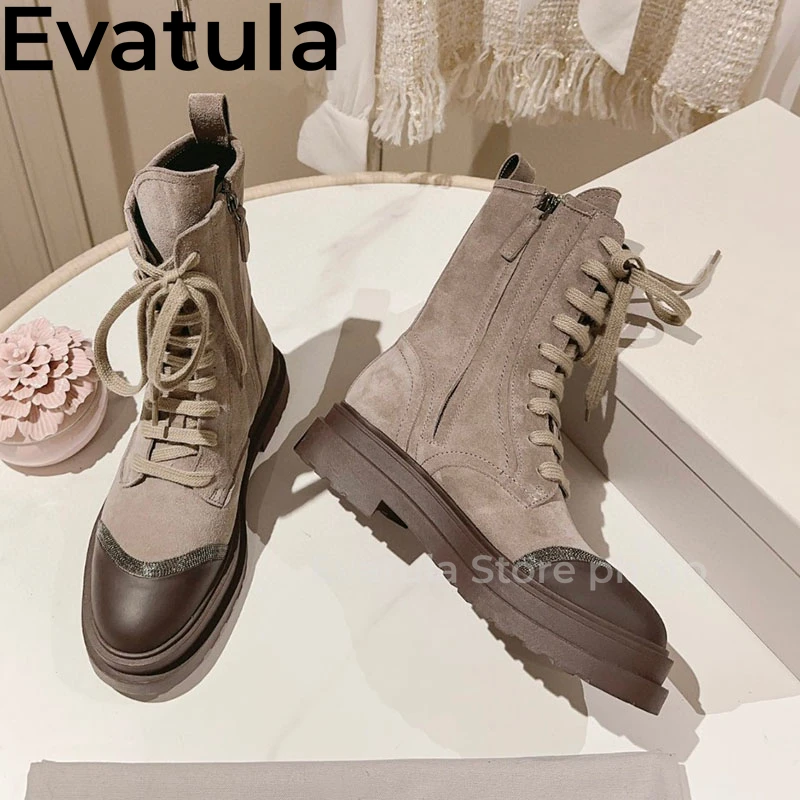 Thick Sole Lace Up Short Boots For Women Suede Leather Side Zipper Platform Ankle Boots Fashion Short Motorcycle Botas Mujer