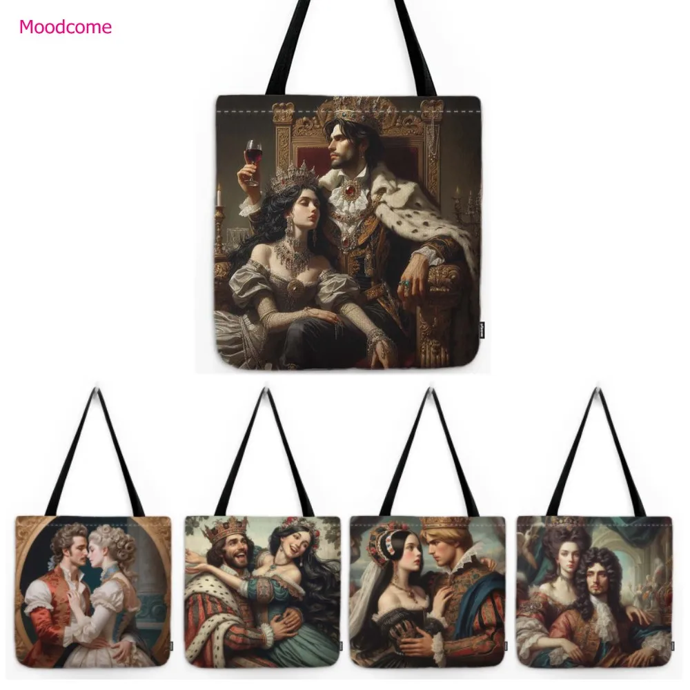 Corte real Era victoriana europea Reina y rey Pintura Arte Algodón resistente al agua Lino Hombro Bolsa de comestibles Bolsa de lona