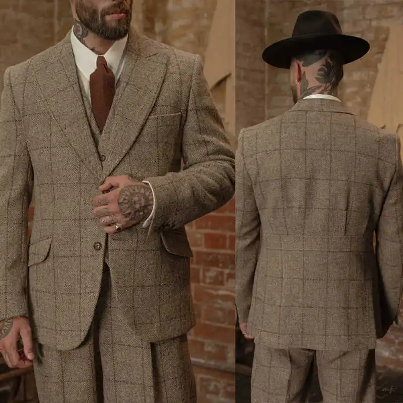 

Vintage Grid Men Suit 3 Piece Fit Blazer Pants Vest Single Breasted Winter Formal Business Customized trajes de hombre