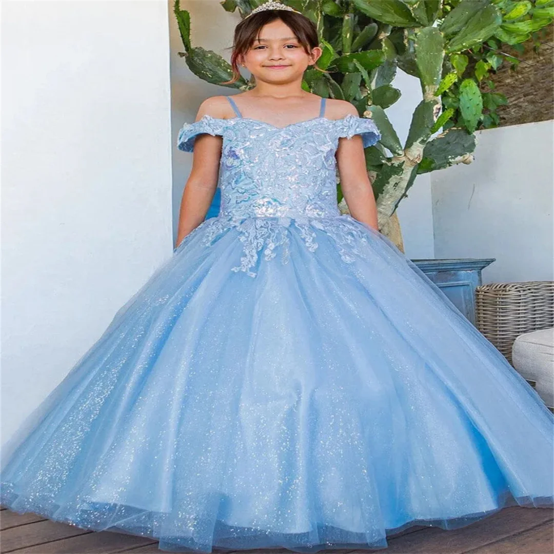 Customized Sky Blue Flower Girl Dress Tulle Floral Appliques Sleeve For Wedding Birthday Evening Prom Banquet Princess Gown