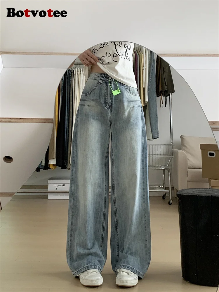

Botvotee классические американские винтажные джинсы для женщин с карманами и вышивкой, осень-зима, свободные широкие джинсы в винтажном стиле