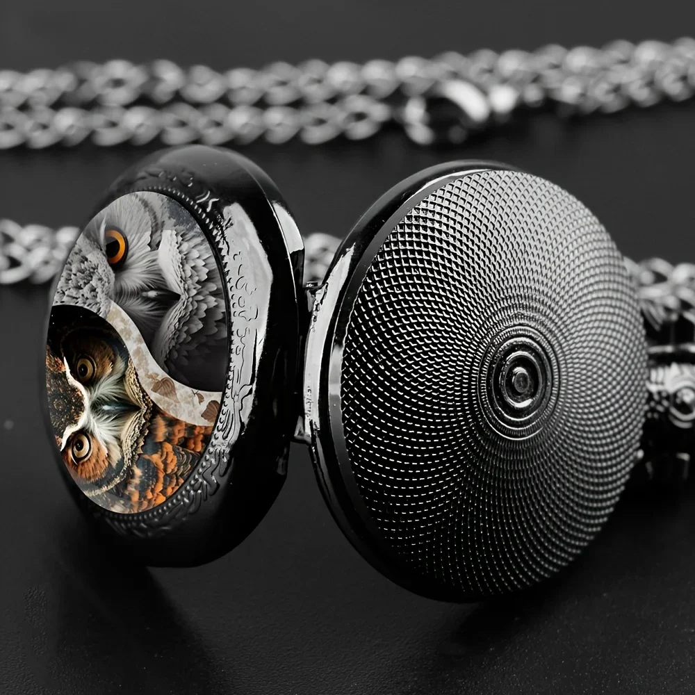 1 szt. Retro sowa sowa kwarcowy zegarek kieszonkowy, fajny czarny naszyjnik zegarek kieszonkowy, prezent dla mężczyzny