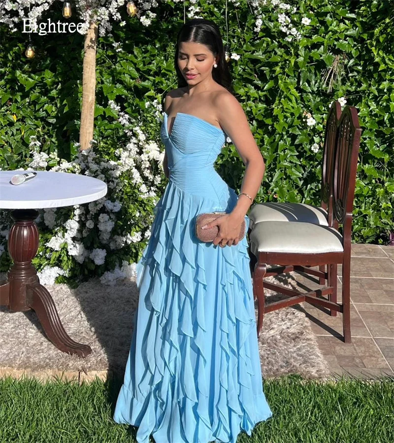 Eightree Blaues, trägerloses A-Linien-Abschlussballkleid mit Rüschen und Falten, Partykleid, bodenlanges Abendkleid, Vestido de Festa, maßgeschneidert
