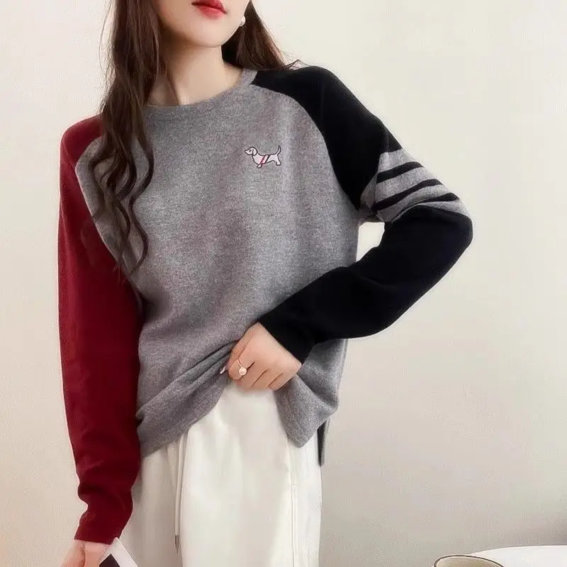 Autumn Winter Casual Fashion Long Sleeve Patchwork Pullovers Women Clothing Elegant O-neck Knit Sweaters Office Lady Loose Tops