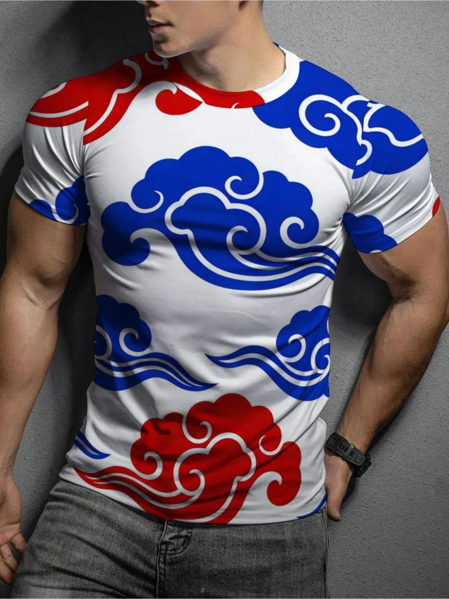Men High Elastic Quick Dry Sports Compression Shirt Chinese Red Blue Auspicious Cloud Print Short Sleeve Gym Running Workout Top