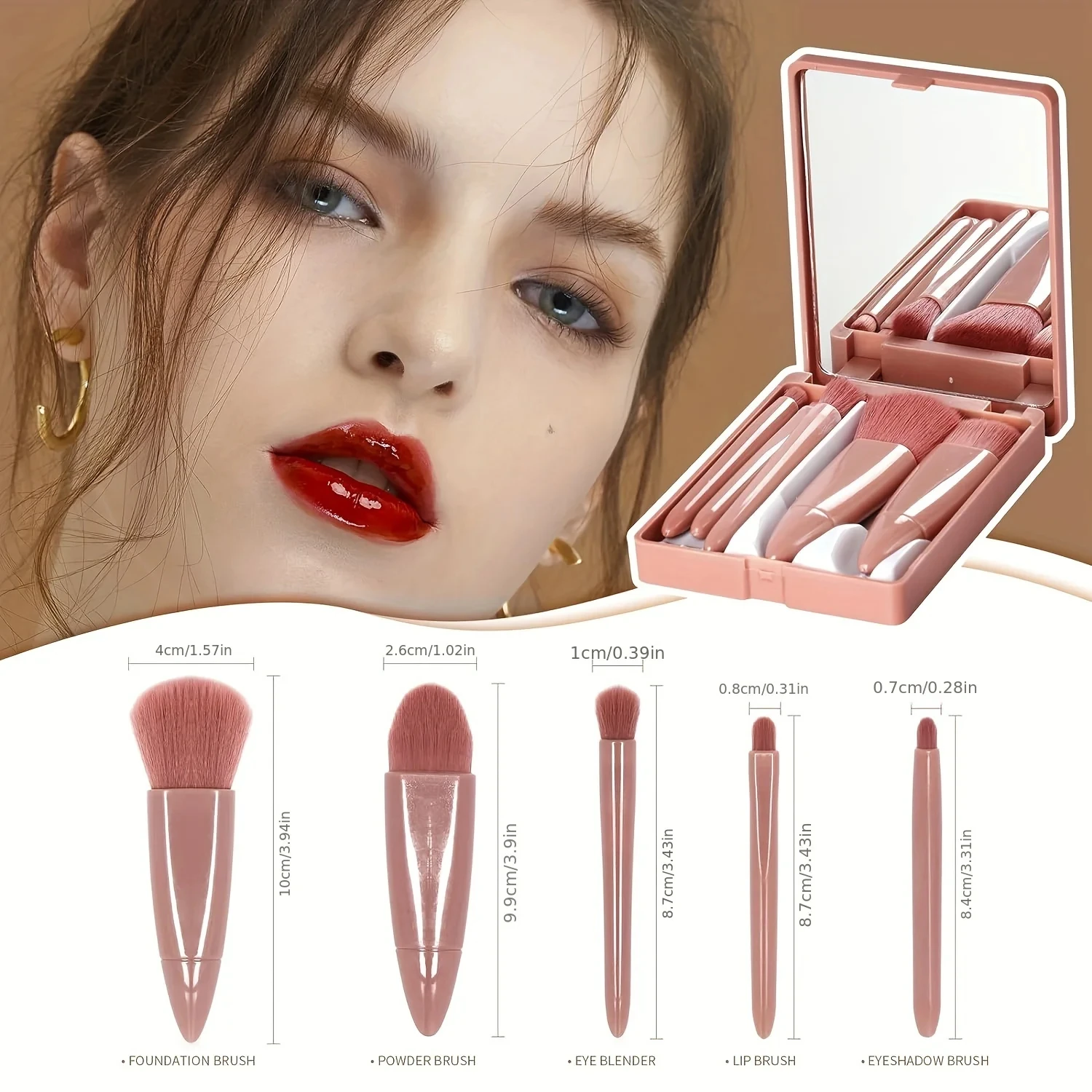 ชุดแปรงแต่งหน้า 5 ชิ้นพร้อมกล่องกระจก แปรงแต่งหน้าสำหรับเดินทาง แปรงแต่งหน้ามินิอเนกประสงค์แบบพกพา ชุดแปรงแต่งหน้าแปรงปัดแป้ง