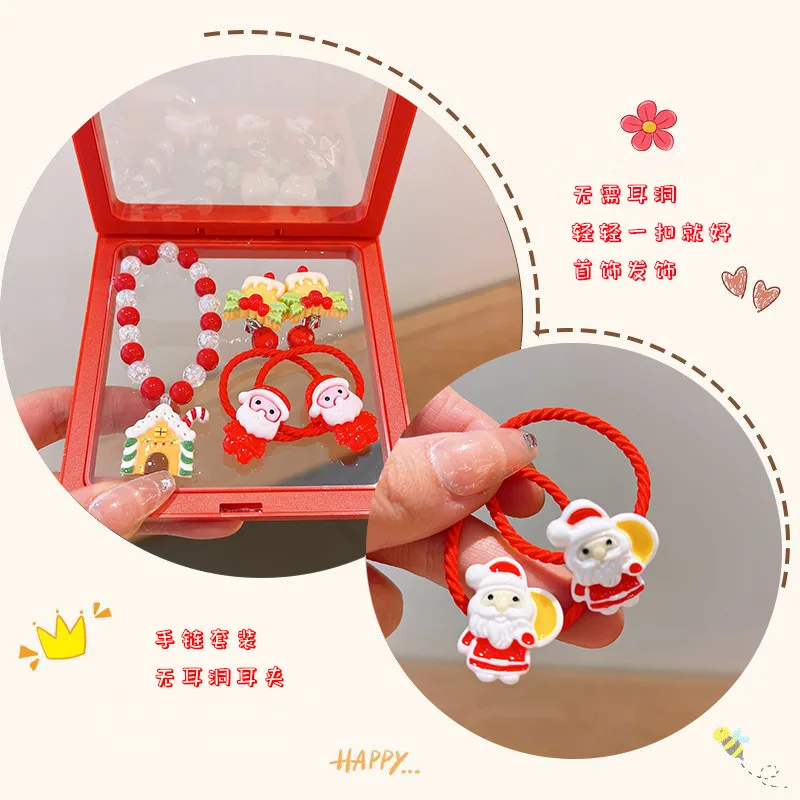 Christmas Jewelry Set Lightweight Kids Bracelet Earring Reindeer Santa Party Gift Premium Durable Resin Cute Adorable