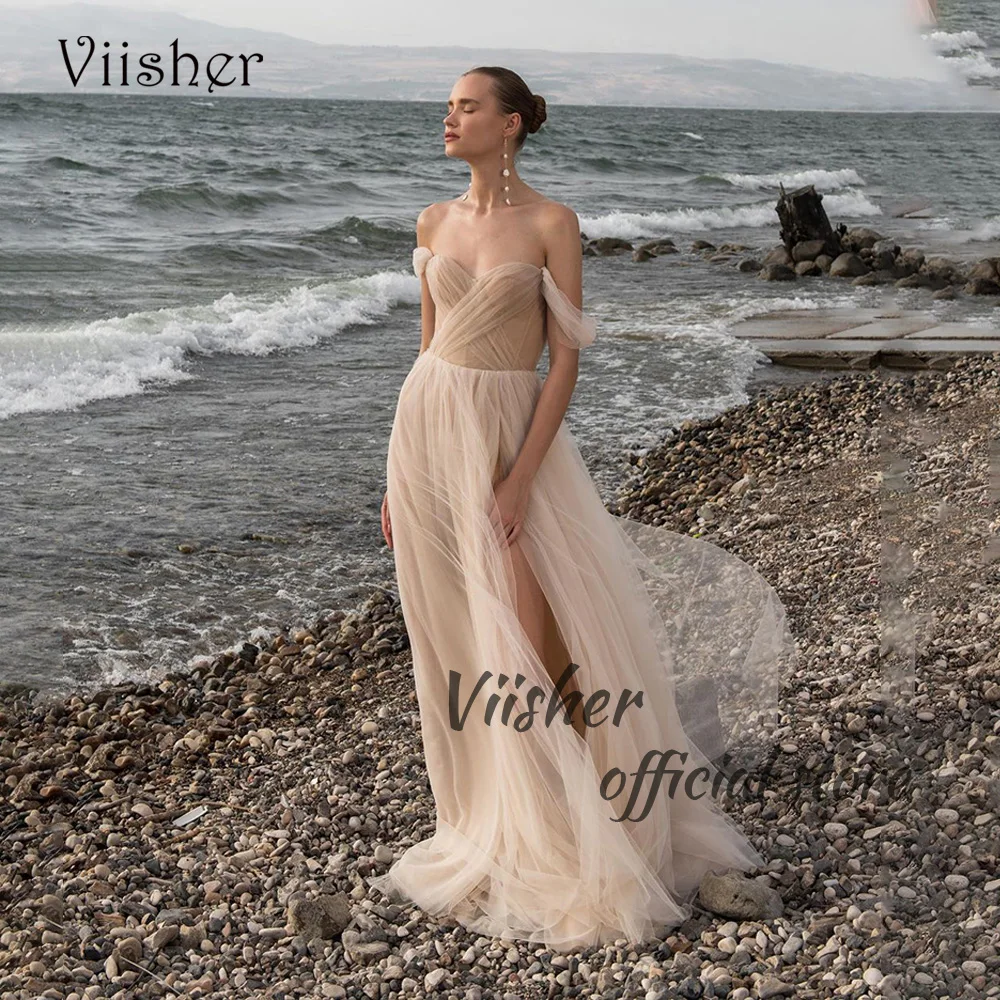 

Viisher Champagne Tulle Beach Wedding Dresses Off Shoulder Leg Split Bohemian Wedding Bridal Gowns Lace Up Back