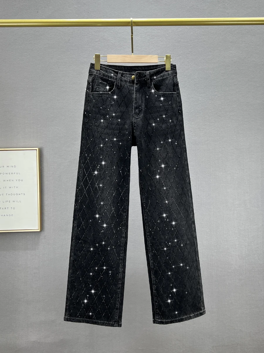 

Модные женские джинсы с высокой талией, свободного кроя, широкие, с эффектом похудения, из плотного денима, с декоративной отделкой, длинные брюки, осенняя коллекция