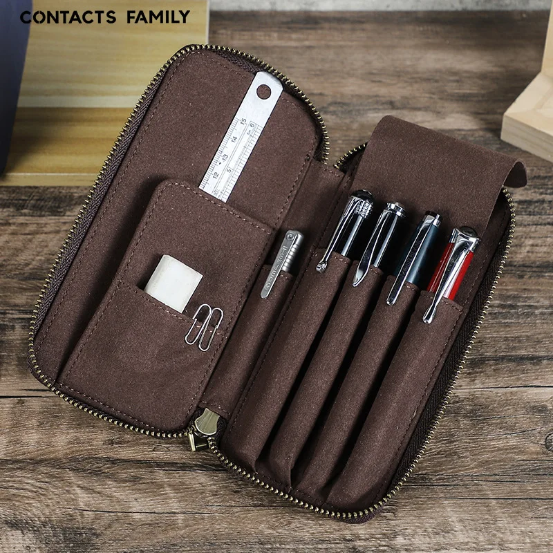 Vintage Crazy Horse Leather Pencil Case, Handmade Multi-functional Zipper Genuine Leather Stationery Box