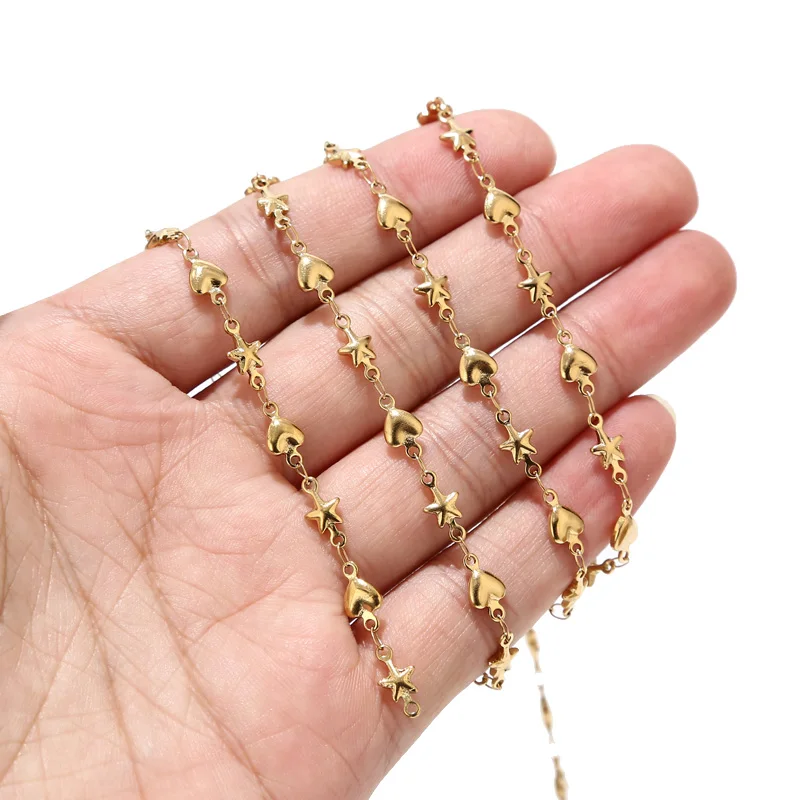 

3Meters 5mm width Stainless Steel Heart Star Chains Golden Soldered Heart Necklace Link Chains for DIY Jewelry Making Findings