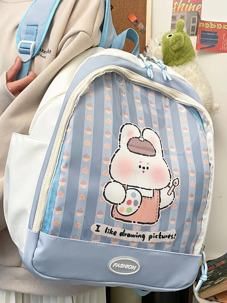 Mochila escolar grande para niña, bolsa Kawaii Ita con placa de inserción, rosa, dos bolsillos transparentes para exhibición de pines, novedad de 2024