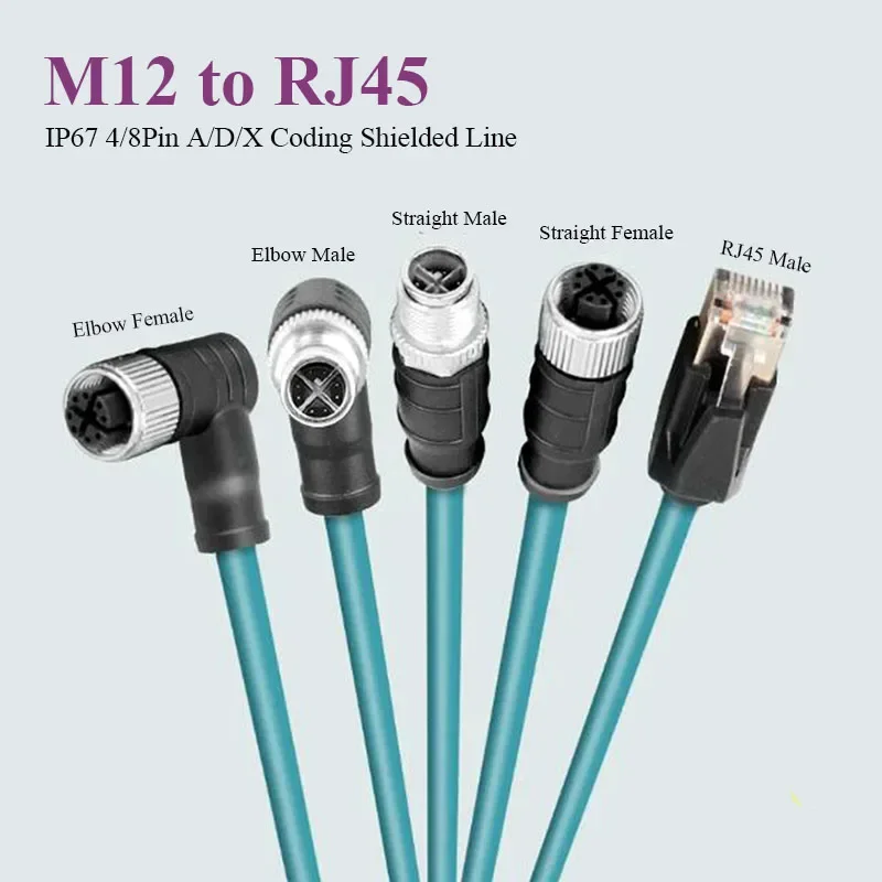 M12 8Pin X-Type to RJ45 Ethernet Cord Elbow Right Angle 4Pin A-Code D-Coding Male Female Head to RJ45 Connector Drag Chain Cable