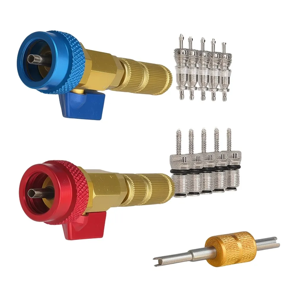 R134a Specific Valve Core Tool Set with High Low Pressure Color Coding Red Blue Brass Body 16.5x12.3x3cm Non Slip Grip