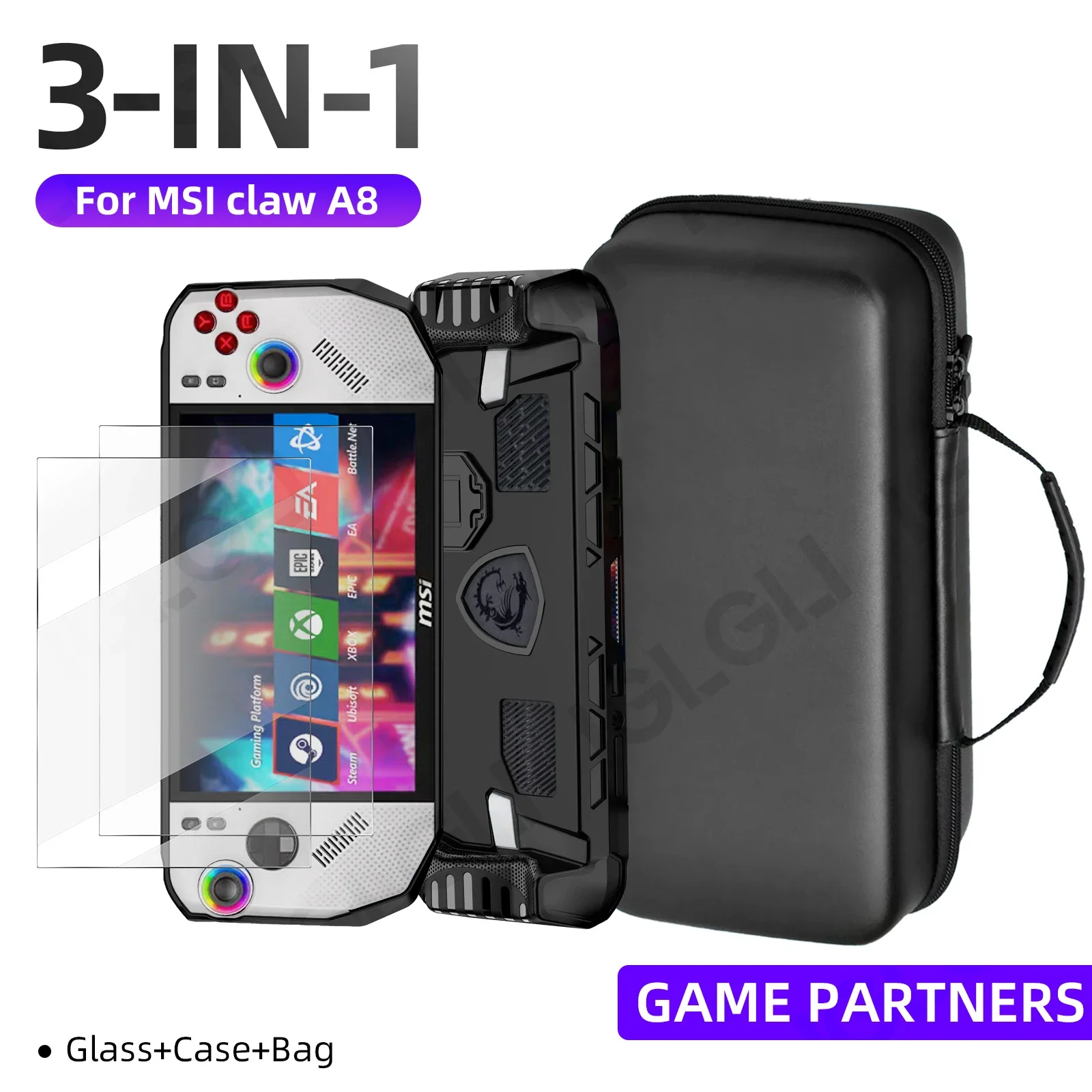 3 in 1 Accessory Kit for MSI Claw A8 BZ2EM Protective Case with Screen Protector Glass and Carrying Bag Travel Storage Cover