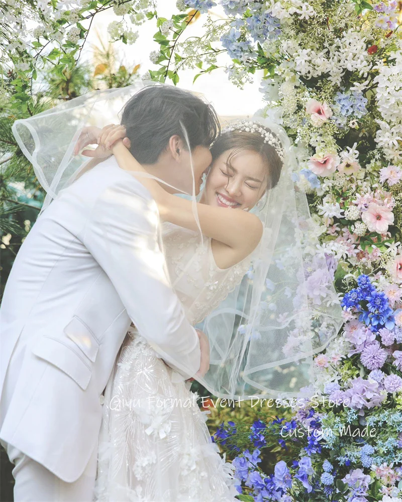 Giyu vestido de novia de encaje exquisito, línea A, Corea, sesión de fotos, correas de boda, hasta el suelo, vestido de novia, corsé, espalda, velo de matrimonio