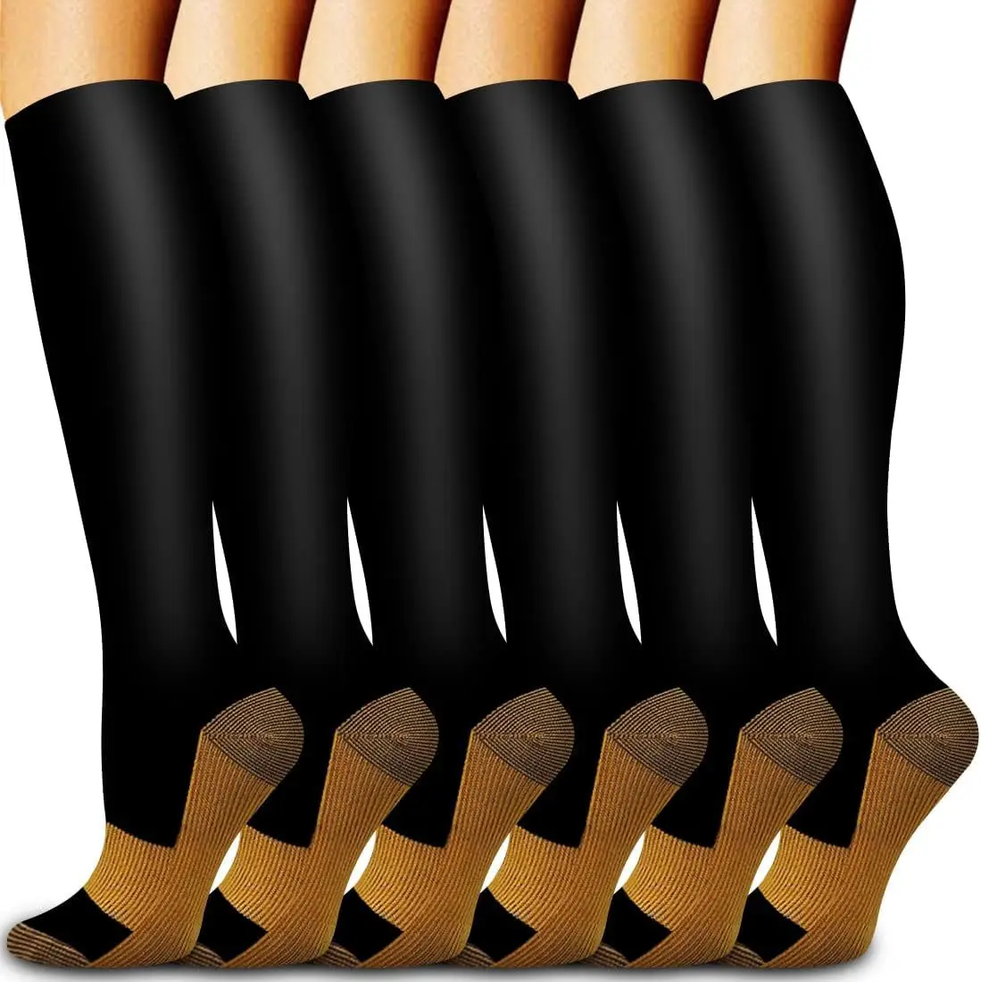 6 Pairs Solid Color Copper Compression Socks Nurse Compression Socks Black Skin Color