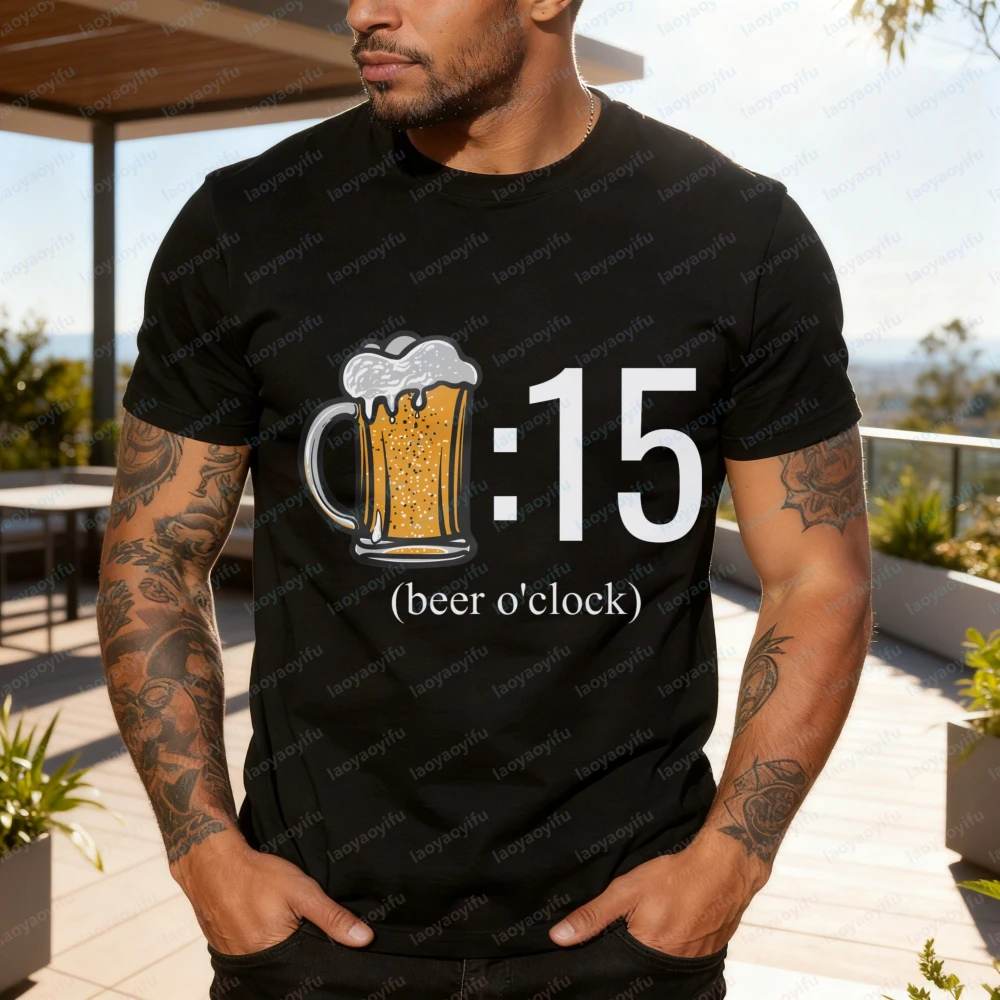 Beer Oclock Men T-Shirt Cotton Summer T Shirt Casual Fashion Tee for Men with Beer Mug Design Perfect Gift for Party