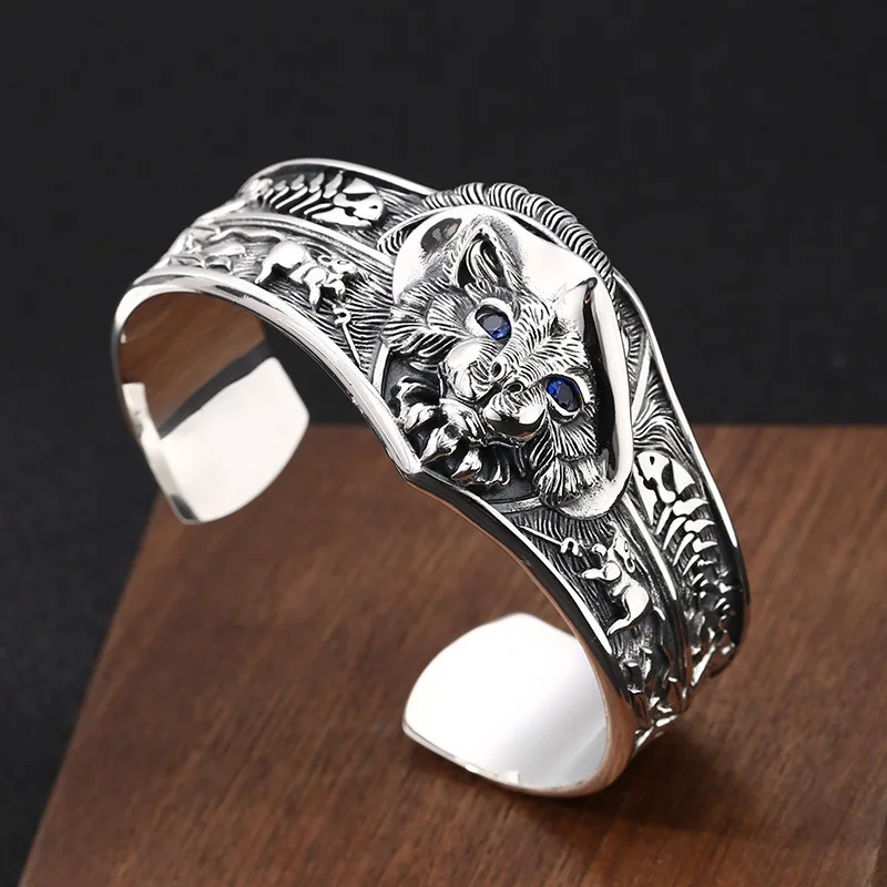 BOCAI New S925 Sterling Silver Charms Bracelets for Men Antique Spirit Cat Pattern Fashion Punk Wide Bangle Fine Choice Jewelry