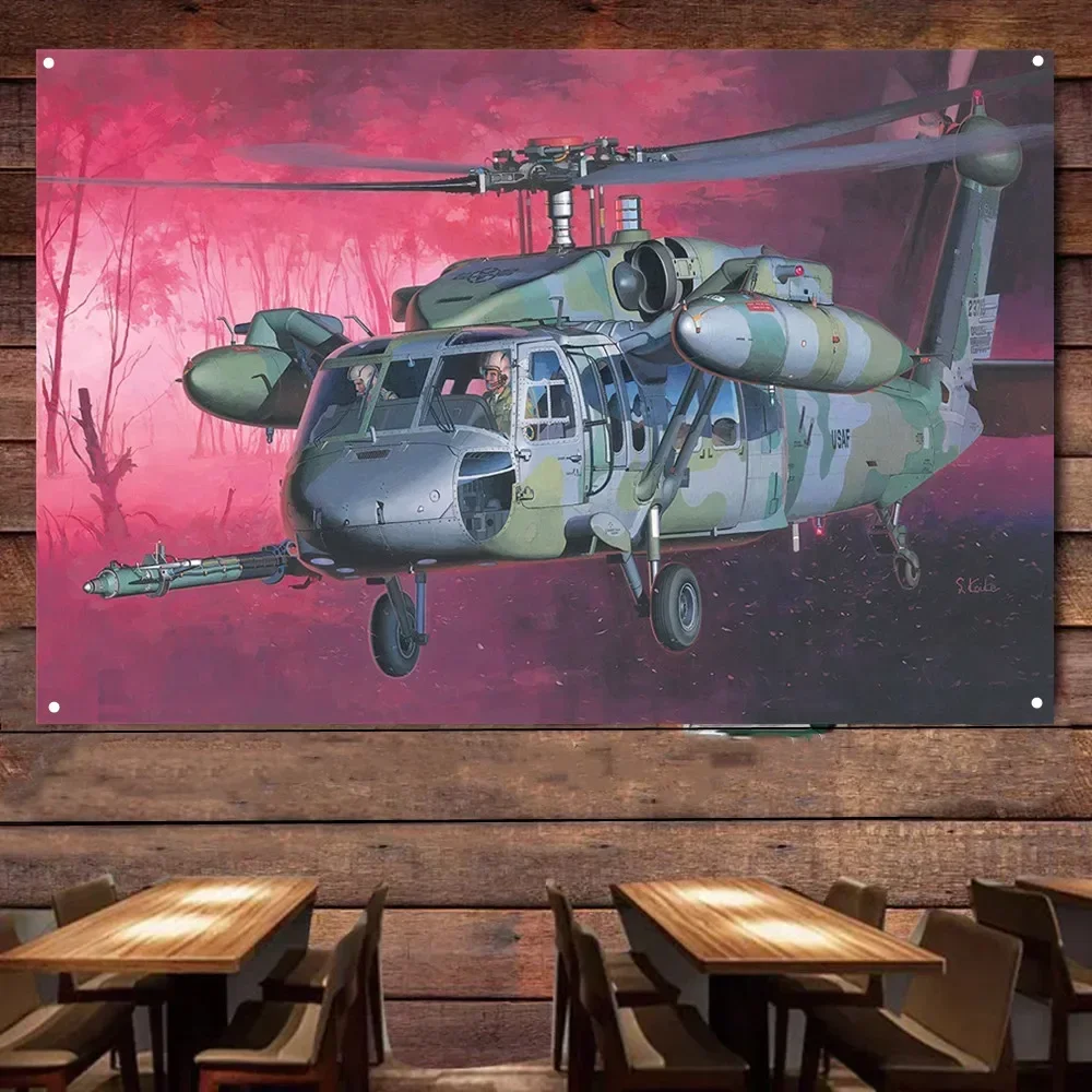 Настенный флаг с изображением атакующего вертолета HH-60D Night Hawk, постер ВВС, художественный баннер с 4 металлическими кольцами-креплениями, готовый к подвешиванию